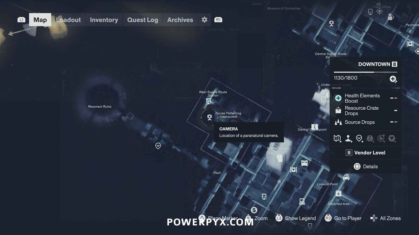 Downtown map showing a paranatural camera icon near Dense Patterning