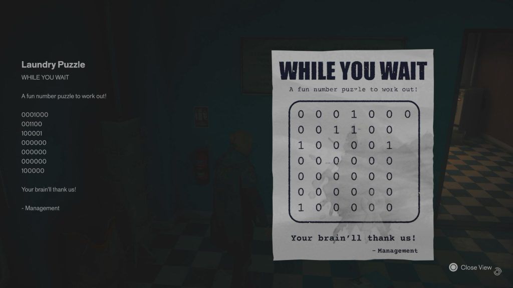 The While You Wait note showing the seven binary rows for the laundry puzzle
