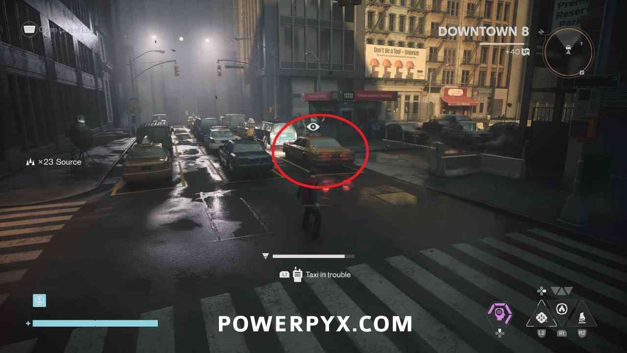 A yellow Downtown taxi marked as the quest interaction among a line of cars